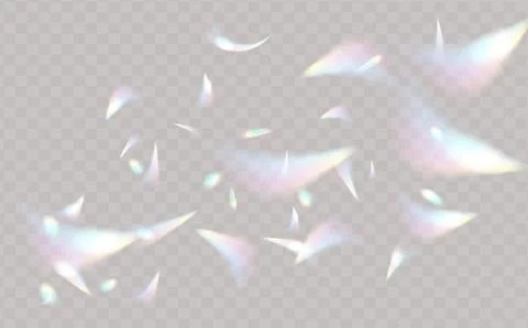Colourful vector lens, crystal rainbow light and flare transparent effects... Stock Illustration