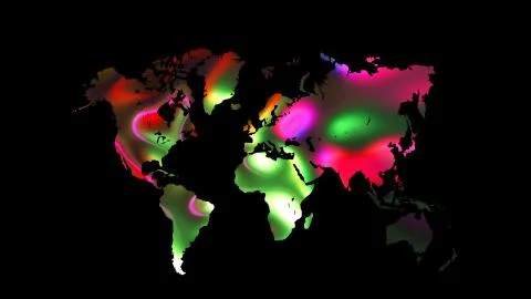 Colourful world map on black background, flat Earth, globe worldmap icon, 3d Ilustración de archivo