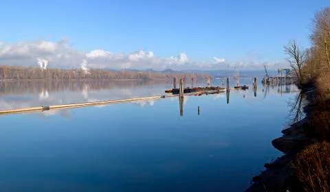 Columbia river dredging work and docks. Stock Photos