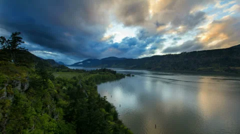Columbia River Gorge Hood River OR at Sunset with Clouds from Ruthton Park Stock Footage