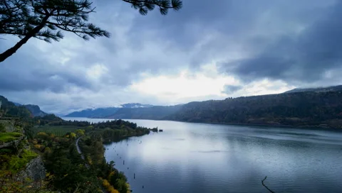 Columbia River Gorge at Hood River OR at Sunset with Moving Clouds Time Lapse Stock Footage