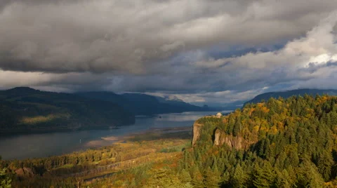 Columbia River Gorge with Low Clouds in Fall Colors in Portland OR Timelapse Stock Footage 43108030