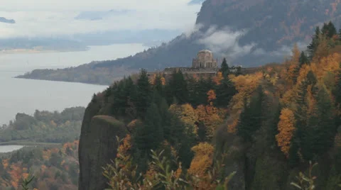 Columbia River Gorge with White Clouds and Fog Timelapse Stock Footage 25542182