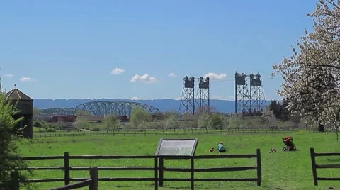 Columbia River Interstate-5 draw bridge from Fort Vancouver Stock Footage 57226617