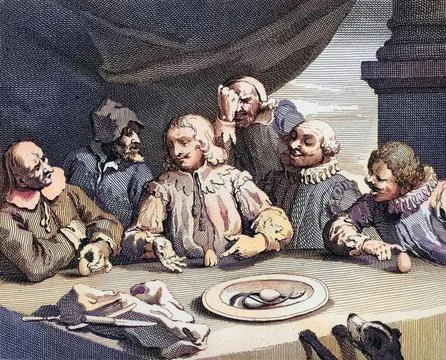 Columbus Breaking the Egg A facsimile of Hogarths own engraving from The Works Stock-Illustration