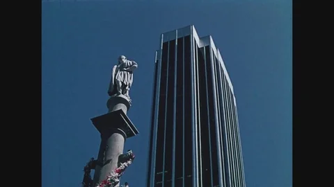 Columbus Circle, close up of Columbus statue with Gulf and Western Building in Video stock 82525366