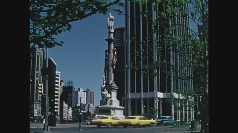 Columbus Circle with traffic and the column and statue, 1971 Video stock 82525280