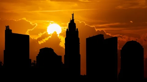 Columbus Cityscape at Sunset, Time Lapse with Red Sun and Clouds, Ohio, USA Stock Footage 107433409