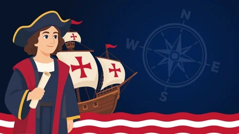 Columbus day animated character and sailing ship with waving bunting flag m.. Stock-Footage 345856463