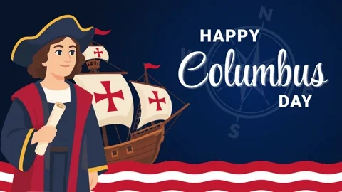 Columbus Day animated text appearing with character and sailing ship 4k dar.. Stock Footage 345856490