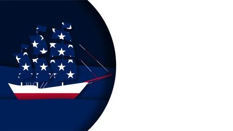 Columbus Day background banner featuring sailing ship with American flag sa.. イラスト素材