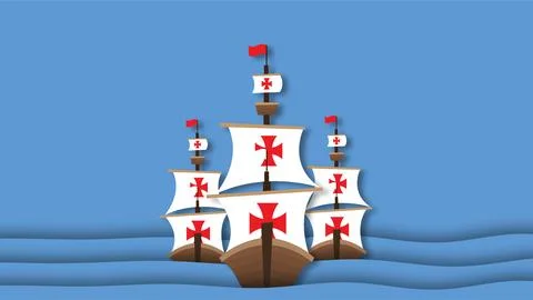 Columbus Day background featuring three paper cut sailing ships on blue sea.. イラスト素材