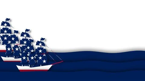 Columbus Day background with paper cut sailing ships and stars on blue ocea.. イラスト素材