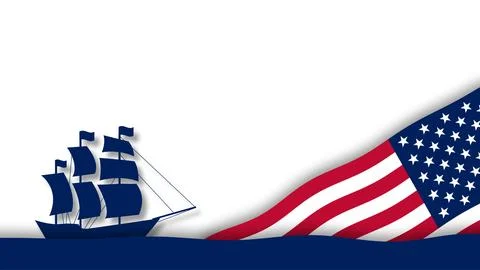 Columbus Day Background with Sailing Ship Silhouette and Waving American Fl.. イラスト素材
