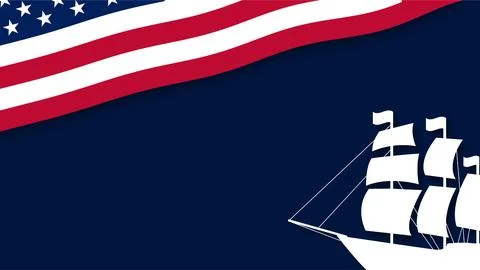 Columbus Day background template with American flag and white sailing ship .. イラスト素材