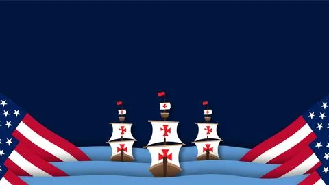 Columbus Day background with three historical sailing ships on ocean waves .. イラスト素材