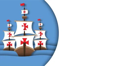 Columbus Day Background with Three Sailing Ships on Blue Waves in Paper Cut.. イラスト素材