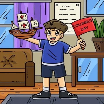 Columbus Day Boy with a Ship Model Colored Cartoon Stock Illustration