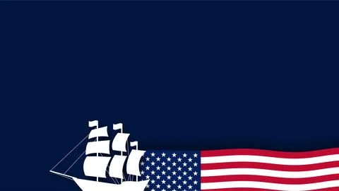 Columbus Day Concept Background with Sailing Ship Silhouette and Waving Ame.. イラスト素材