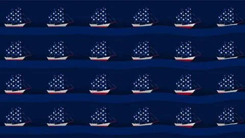 Columbus Day seamless pattern with American flag sailing ships on navy blue.. イラスト素材