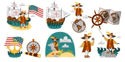 Columbus Day set with ship map helm compass symbols Stock Illustration