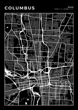 Columbus Map Wall Art Frame, Cartography Map Print, City Layout Map Stock Illustration