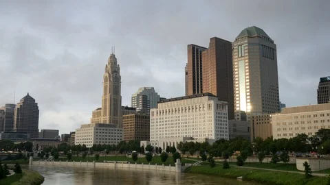 Columbus Ohio Skyline from Scioto River at Sunset Stock Footage 111776901