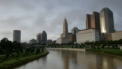 Columbus Ohio Skyline from Scioto River at Sunset Stock Footage 111776993