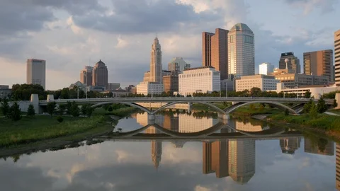 Columbus Ohio Skyline from Scioto River at Sunset Stock Footage 112105573