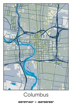 Columbus, Ohio - vector map of city in Blue, Gray, Yellow, Olive colors Stock Illustration