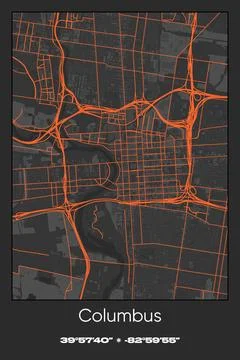 Columbus, Ohio - vector map of city in Gray, Black, Orange colors Stock Illustration