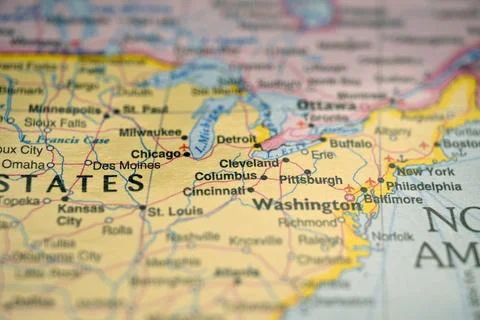 Columbus Pinpointed on World Map  Soft Blur Travel Photography Highlighting.. Stock Photos