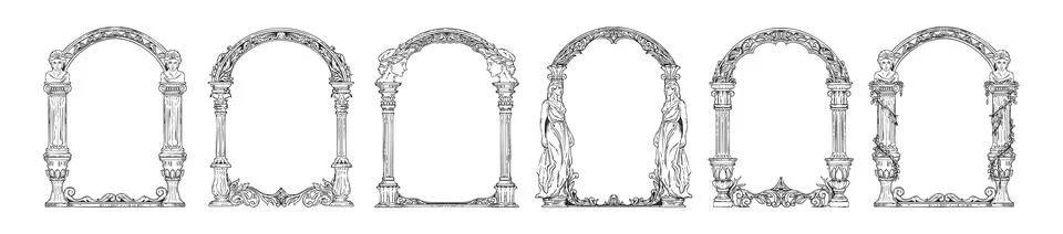 Column arch frame, vector hand drawn Greek pillar border decoration Stock Illustration