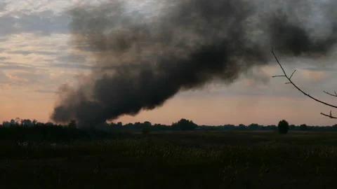 Column of black smoke in sky above field or meadow. Stock Footage 115927039