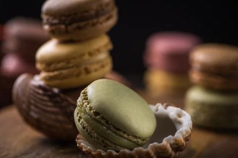 Column with cracked macaroons in sea shells Stock Photos