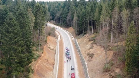 A column of cyclists rides on the road among the mountain forest, cycling Stock Footage 181583176