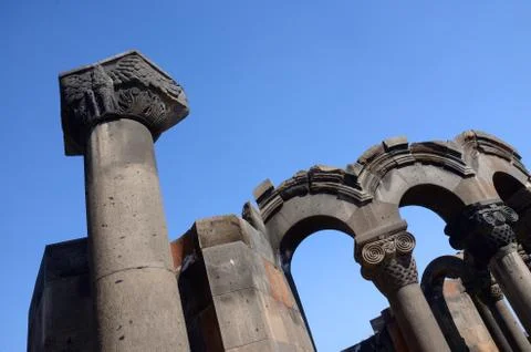 Column with eagle figure at Zvartnots (celestial angels) temple ruins,Armenia Stock Photos