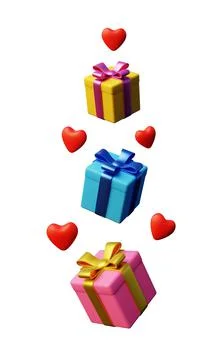 Column of gift boxes with bright bows and red hearts on pure white background Stock Illustration