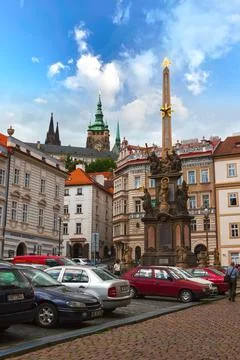 Column at Lesser Town Square. Prague, Czech Republic. Stock Photos