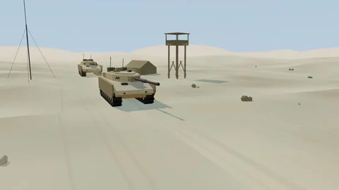 Column of main battle tanks rolling along a desert track on patrol Stock Footage 340779365