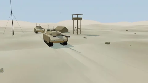 Column of main battle tanks rolling along a desert track on patrol Stock Footage 341044539