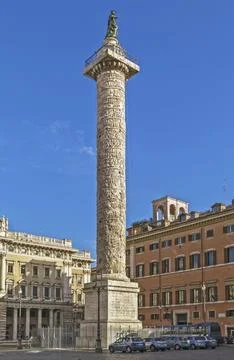 The Column of Marcus Aurelius is a Roman victory column in Piazza Colonna, Rome, Stock Photos