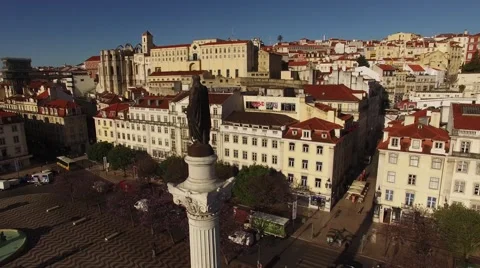 Column of Pedro IV in Rossio Square in the morning Lisbon Stock Footage 63980574