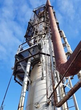 The column of preliminary rectification of raw methanol of the methanol shop Stock Photos