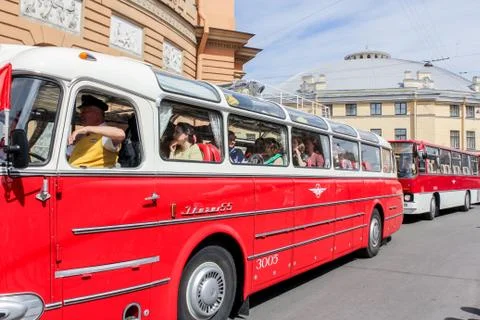 Column retro buses Ikarus. Stock Photos