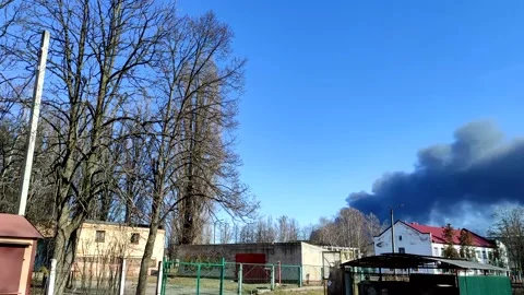Column of smoke after the bomb attack in ukrainian city. Stock Footage 181457351
