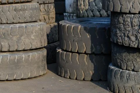 Column stack of old forklift tire Stock-Fotos