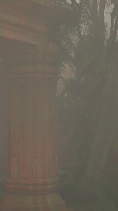Column stands in an old site surrounded by trees and mist in early morning Stock Footage 341018284
