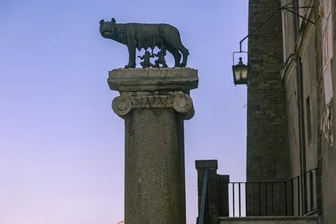 A column with a with a statue of a she-wolf and Romulus and Remus. Rome, Ital Stock Photos