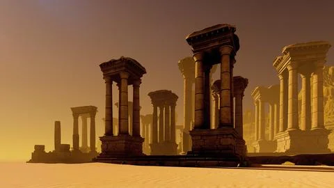 Columns of an ancient temple of a vanished civilization. Ilustración de archivo